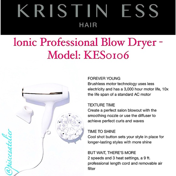 Kristin Ess Ionic Professional Blow Dryer, Smoothing & Frizz Control - 1875W - Picture 7 of 11
